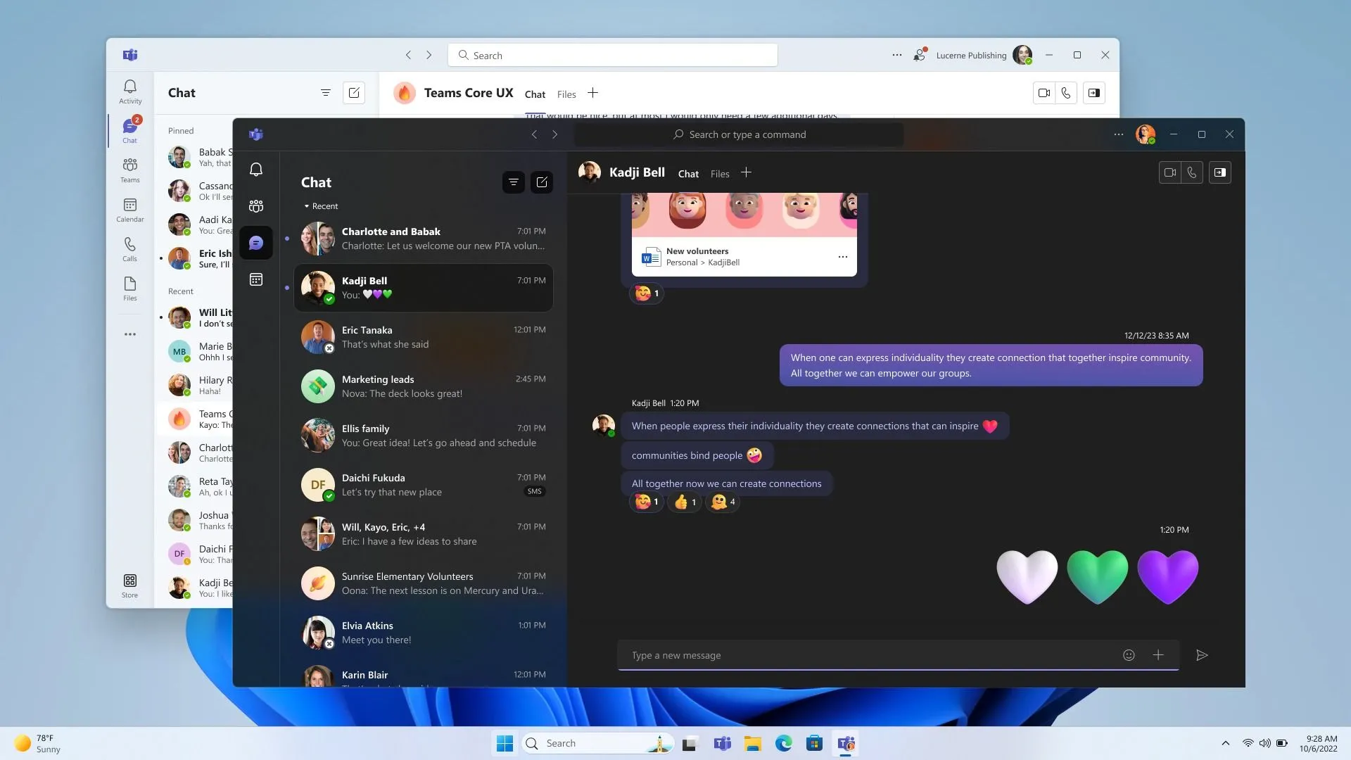 Màn hình Microsoft Teams trên Windows 11 với nhiều tài khoản đang hoạt động trong các cửa sổ khác nhau, thể hiện khả năng cộng tác nhóm