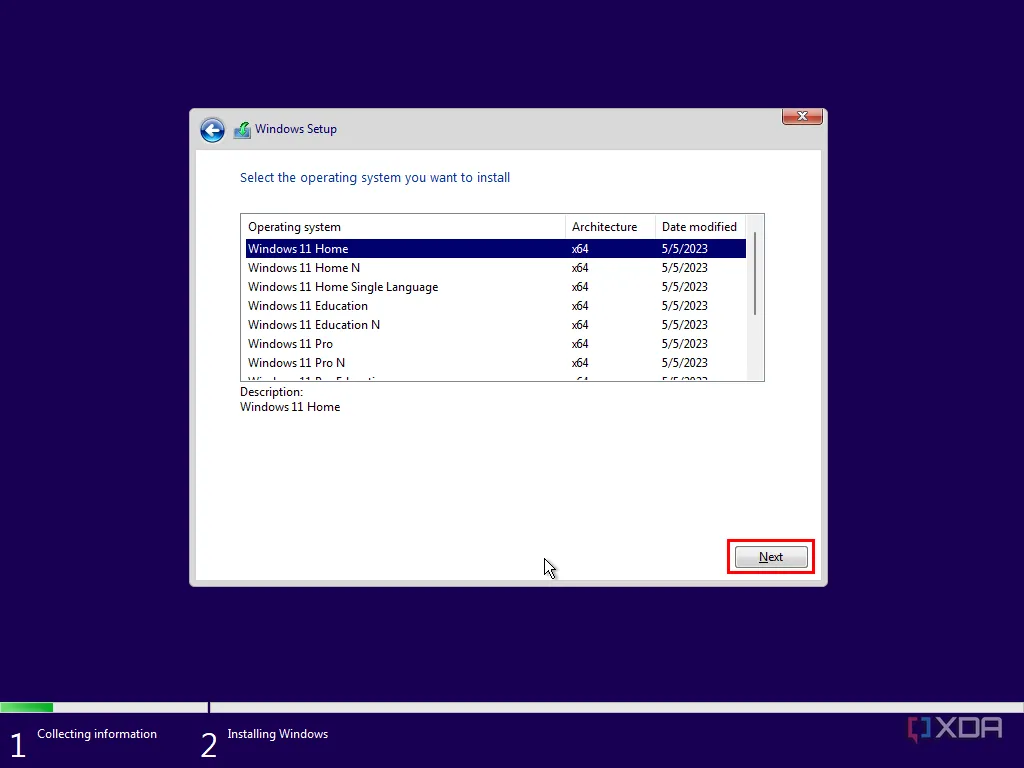 Màn hình môi trường tiền cài đặt Windows yêu cầu người dùng chọn phiên bản Windows 11 phù hợp
