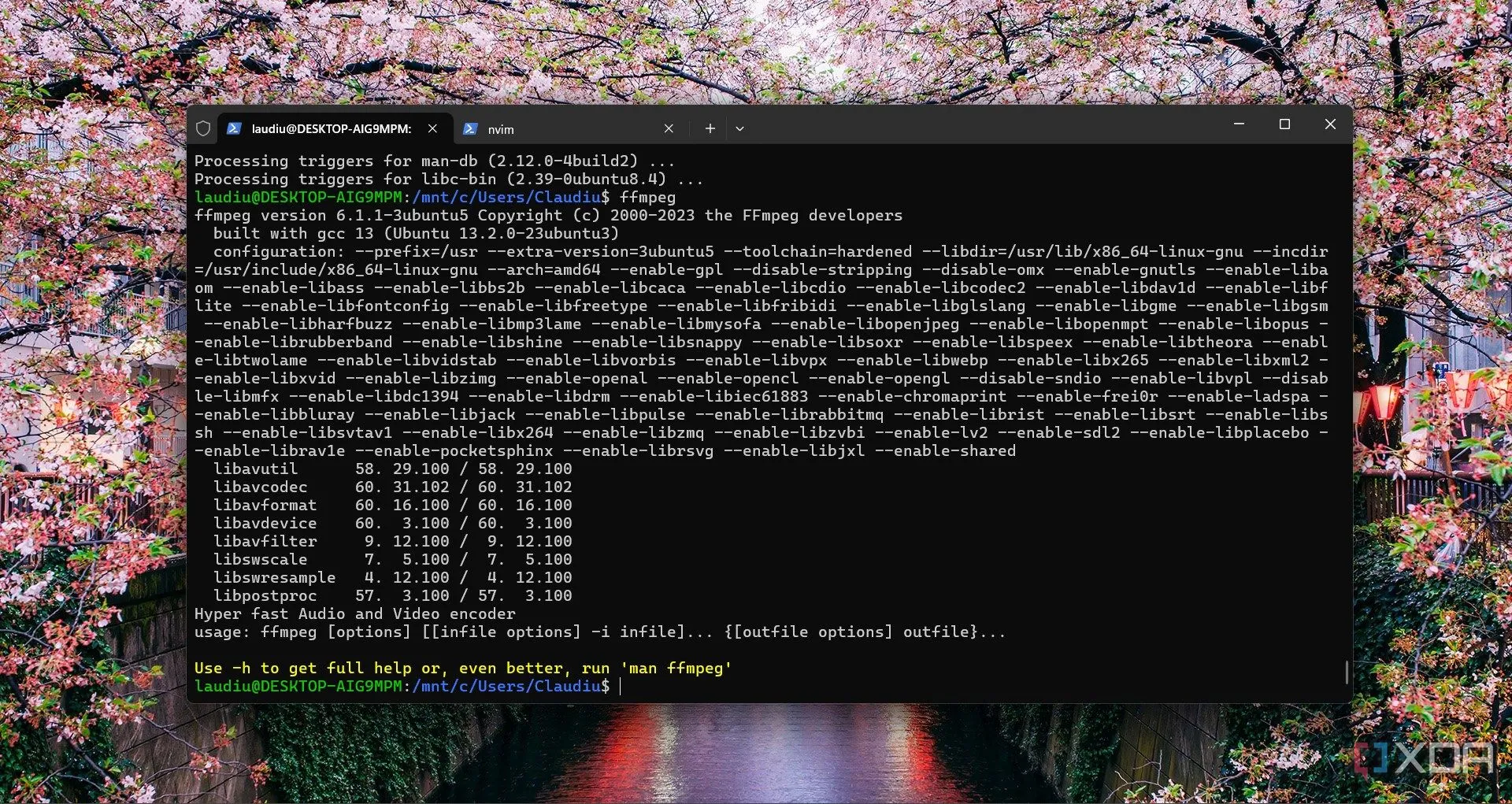 Màn hình terminal hiển thị lệnh ffmpeg chạy trên Fedora Linux qua WSL trên Windows 11