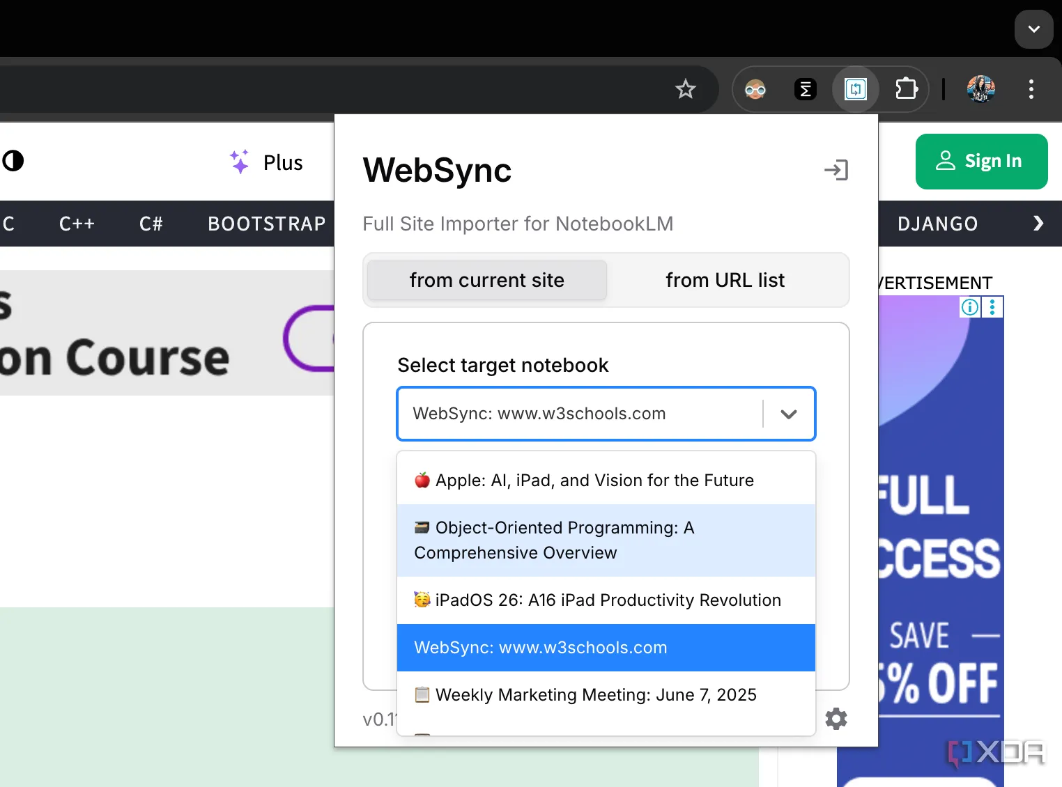 Màn hình tiện ích WebSync hiển thị danh sách các sổ ghi chú Google NotebookLM của người dùng