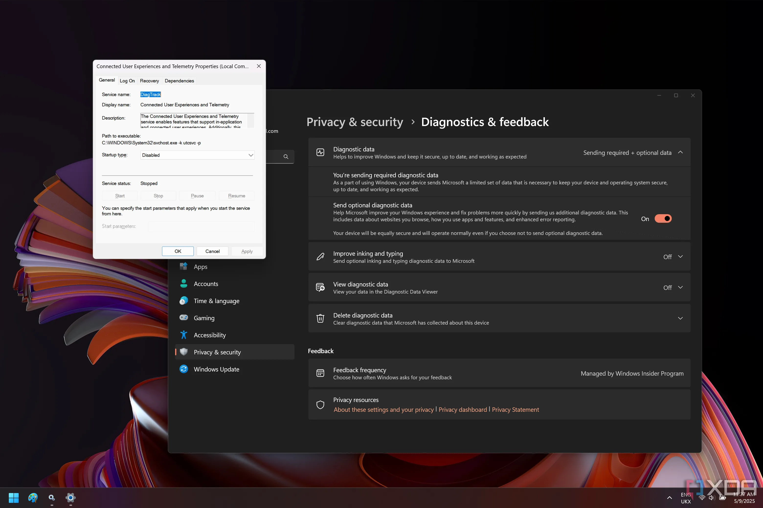 Màn hình Windows 11 cho thấy dịch vụ Connected User Experiences and Telemetry bị vô hiệu hóa, minh họa cài đặt quyền riêng tư hệ điều hành.