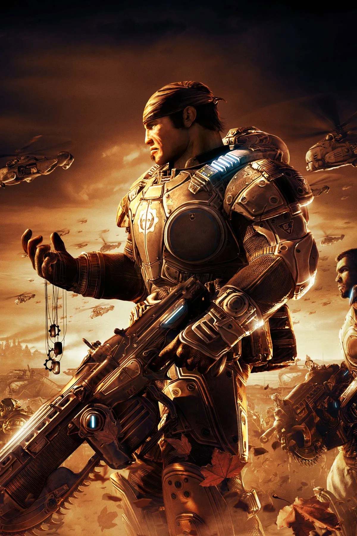 Marcus Fenix và đồng đội cover và khai hỏa với súng Lancer trong một trận chiến Gears of War 2.