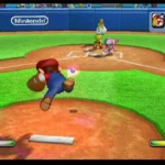 Mario đang ném bóng trong game Mario Super Sluggers, biểu tượng của sự trở lại series Mario Baseball.