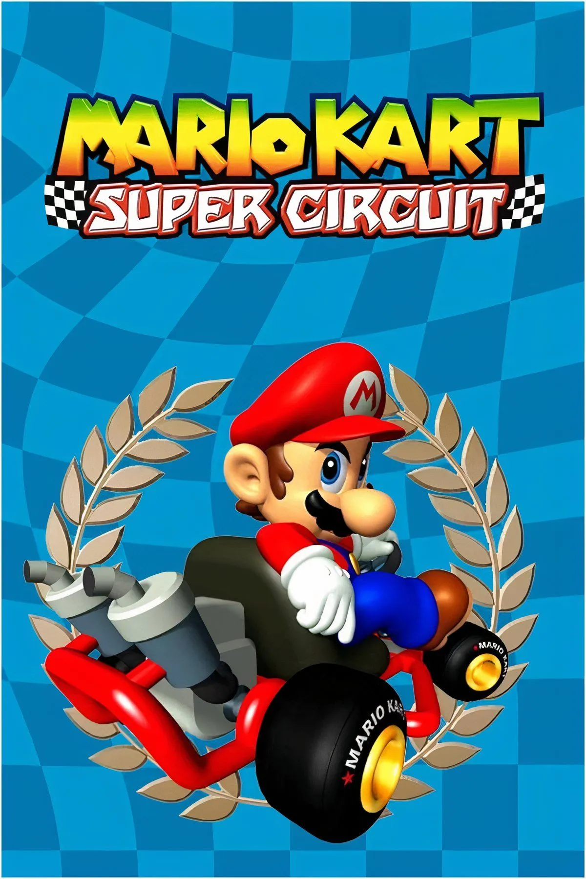 Mario đang phóng xe trên đường đua đầy màu sắc, vượt qua các nhân vật khác trong Mario Kart: Super Circuit trên GBA