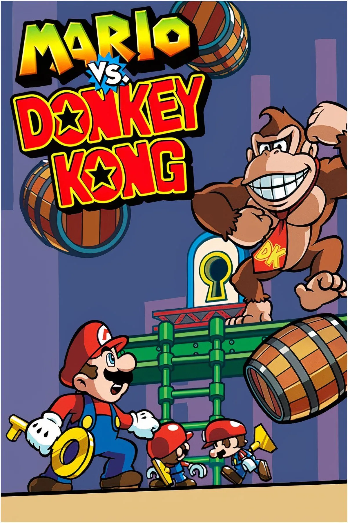 Mario đối đầu với Donkey Kong trong một màn chơi giải đố đầy màu sắc của Mario vs. Donkey Kong trên GBA