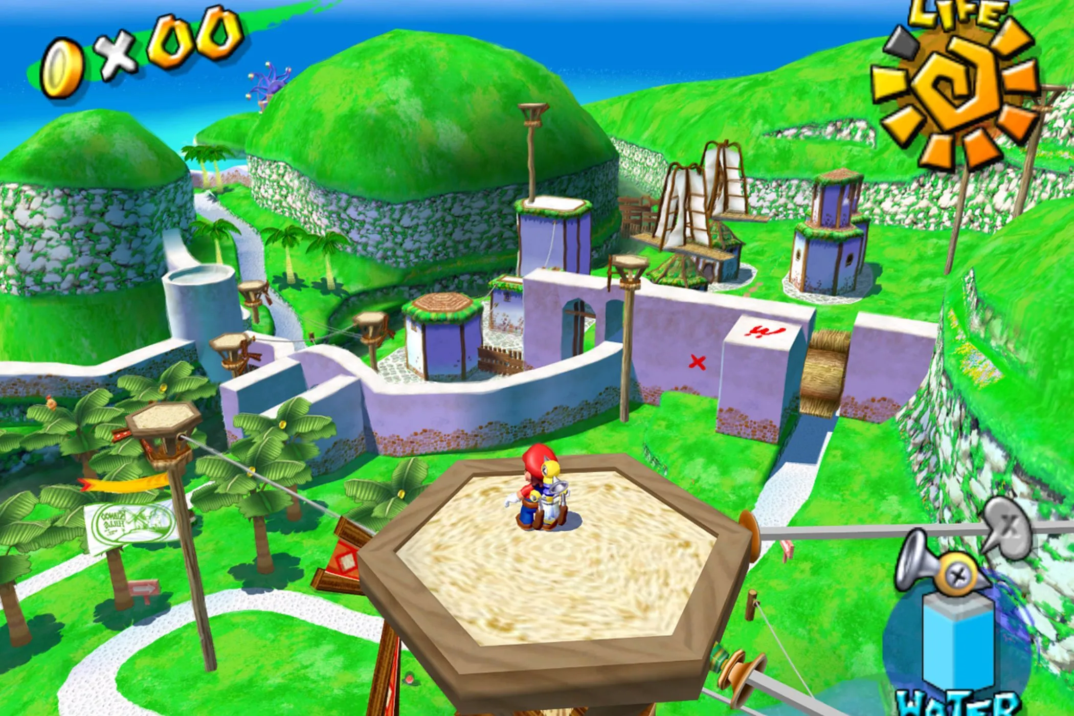 Mario sử dụng Fludd để làm sạch hòn đảo Delfino trong tựa game Super Mario Sunshine
