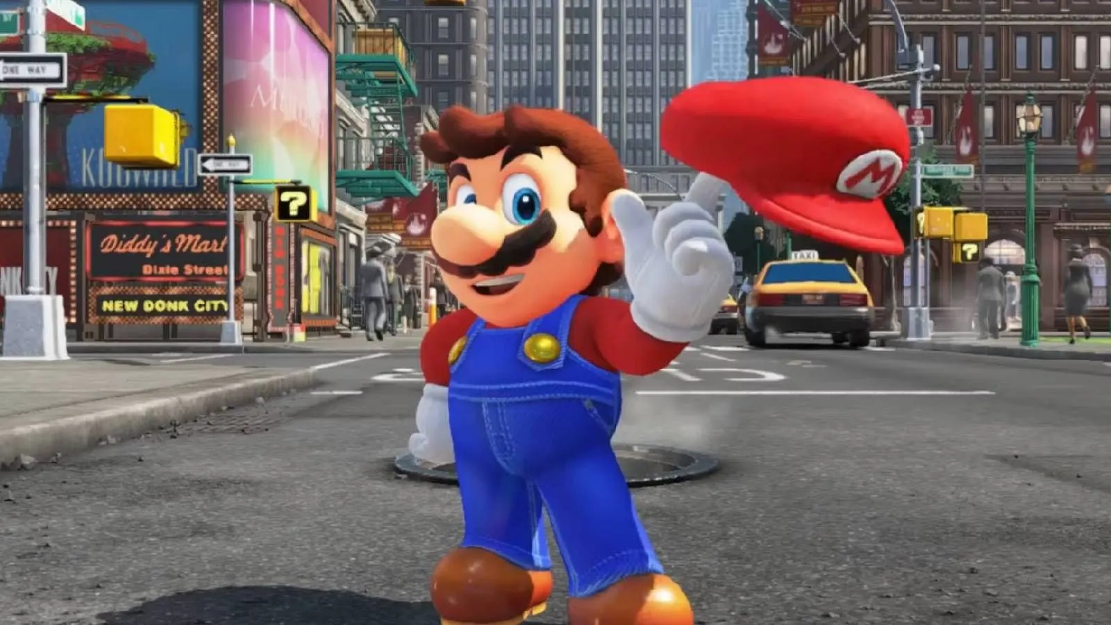 Mario sử dụng nón Cappy trong Super Mario Odyssey tại một thành phố nhộn nhịp, minh họa gameplay platformer 3D xuất sắc.