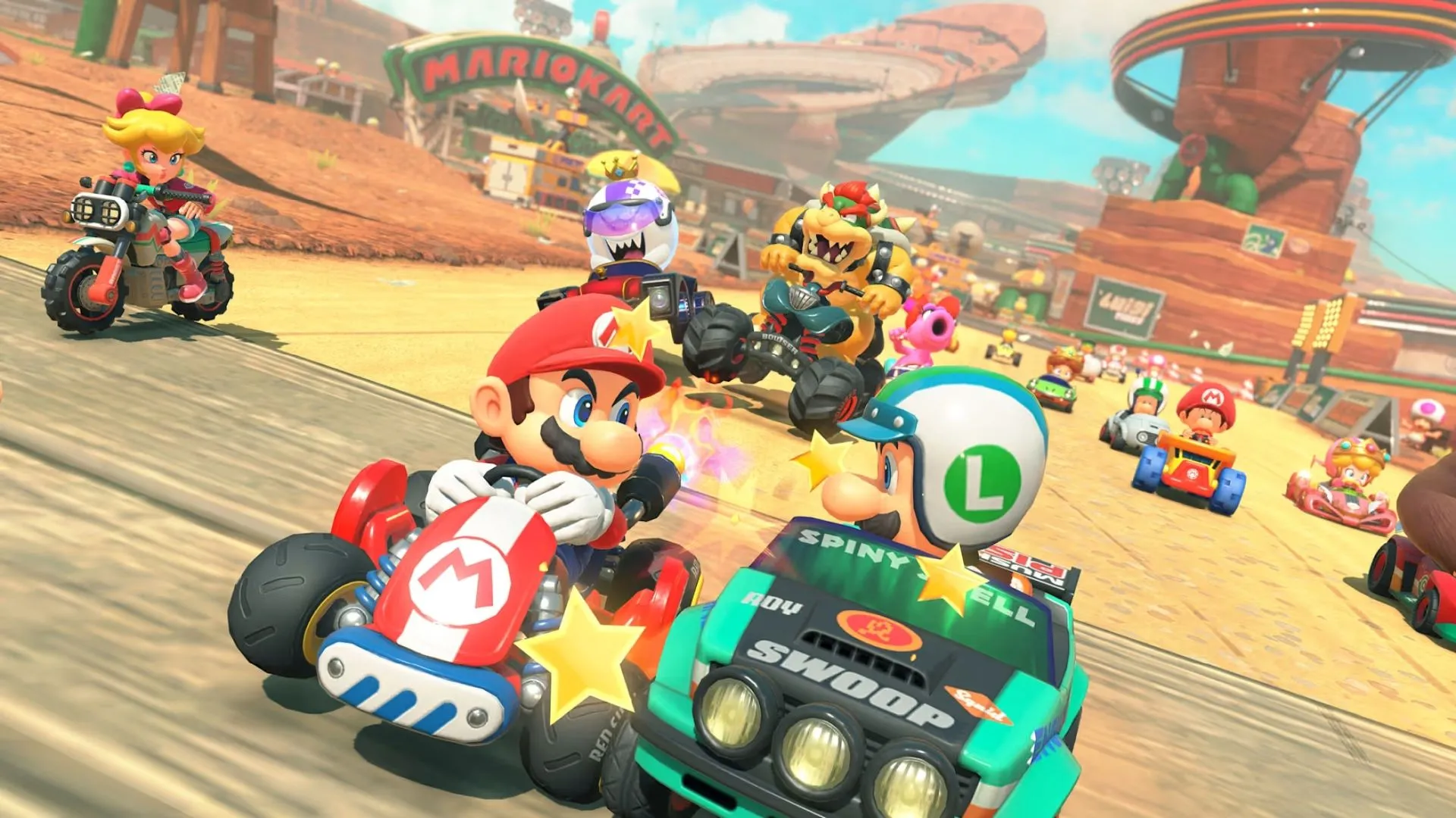 Mario và Toad đua trên đường đua cổ tích trong Mario Kart World