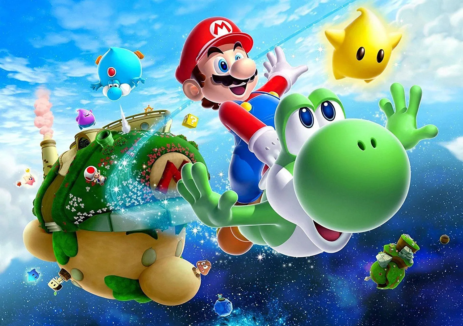Mario và Yoshi trong tác phẩm nghệ thuật của Super Mario Galaxy 2 thể hiện sự thân thiện và phổ biến của nhân vật