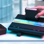 Máy chơi game console Atari 7600 với các nút điều khiển và logo