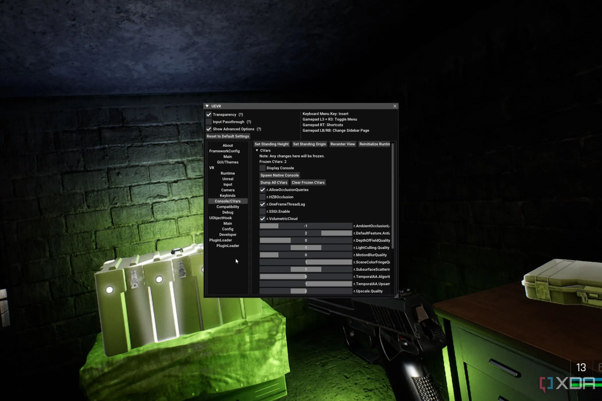 Menu UEVR Injector đang hiển thị trong game Trepang2, cho phép tùy chỉnh trải nghiệm VR