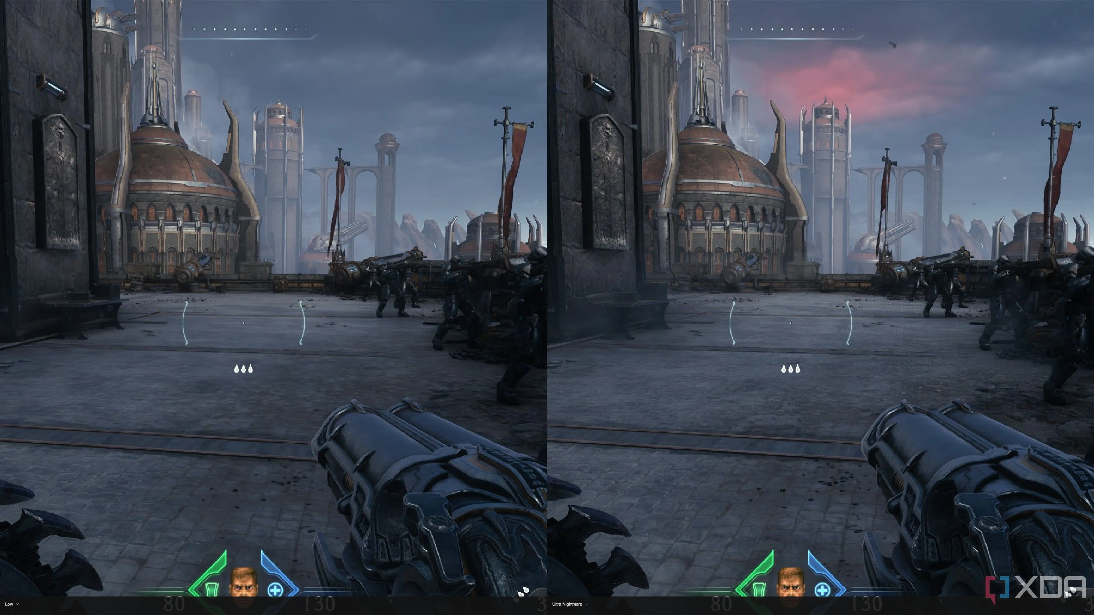 Minh họa sự khác biệt hình ảnh giữa cài đặt đồ họa Low và Ultra Nightmare của Doom: The Dark Ages trên RTX 4060, tập trung vào độ sâu và hiệu ứng môi trường.