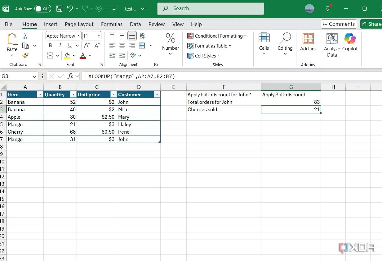 Minh họa ứng dụng hàm XLOOKUP trong Excel để tra cứu doanh số bán hàng của một loại sản phẩm.
