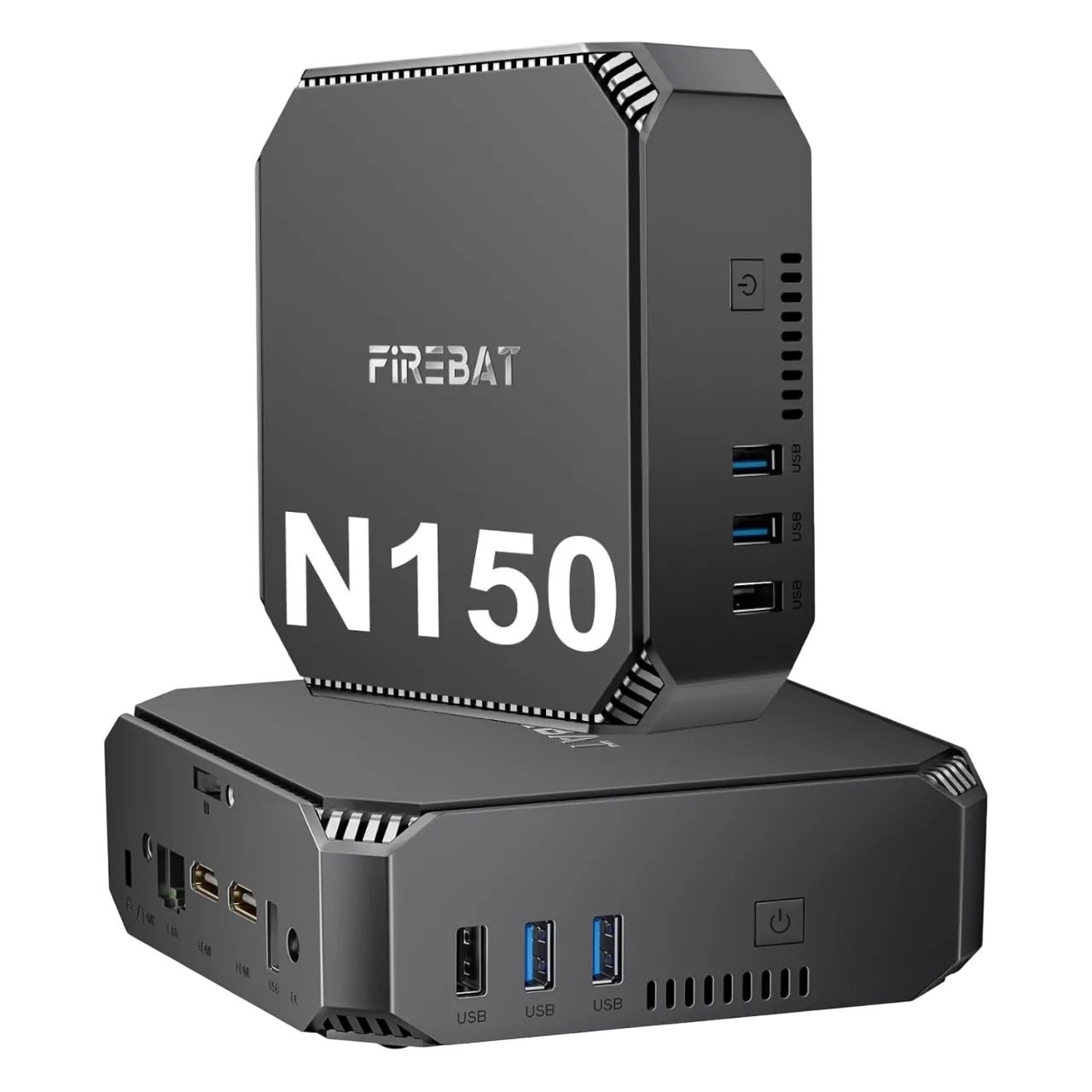 Mini PC FIREBAT màu đen đặt trên bề mặt phẳng, thể hiện kích thước nhỏ gọn và tinh tế.