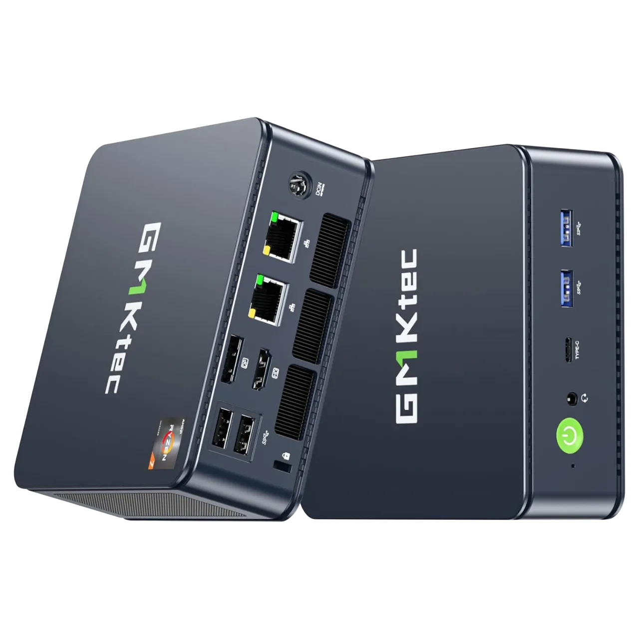 Mini PC GMKtec M5 Plus nhỏ gọn với thiết kế hiện đại, mặt trước tích hợp cổng kết nối tiện lợi.