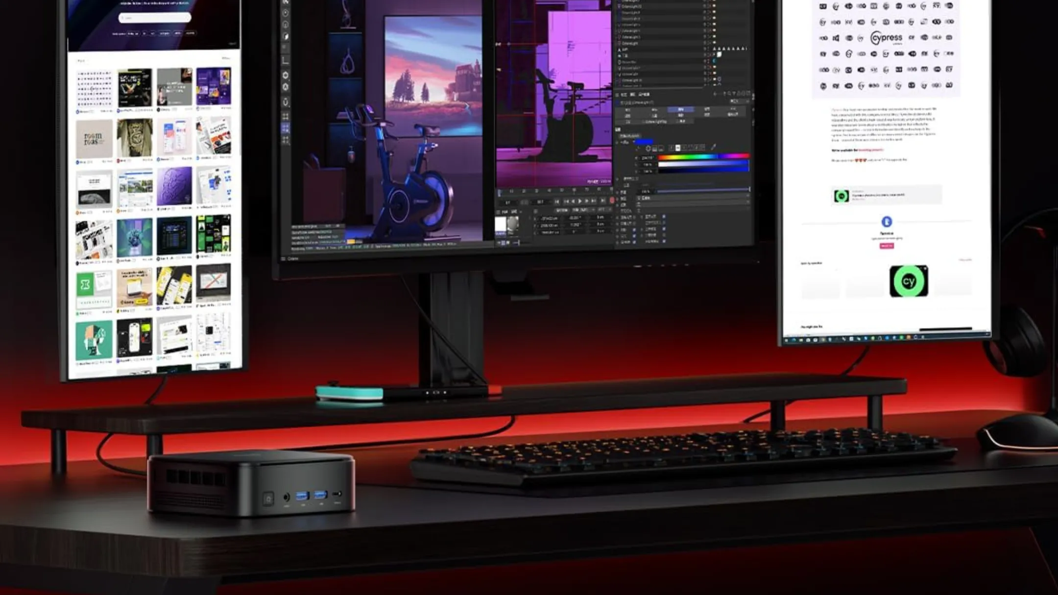 Mini PC Kamrui AMD Ryzen 5 đặt trên bàn làm việc cùng màn hình và bàn phím
