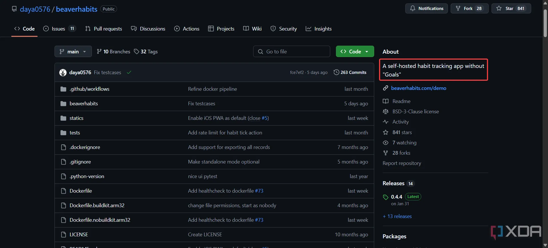 Mô tả Beaver Habit Tracker trên GitHub cho thấy ứng dụng không có tính năng đặt mục tiêu