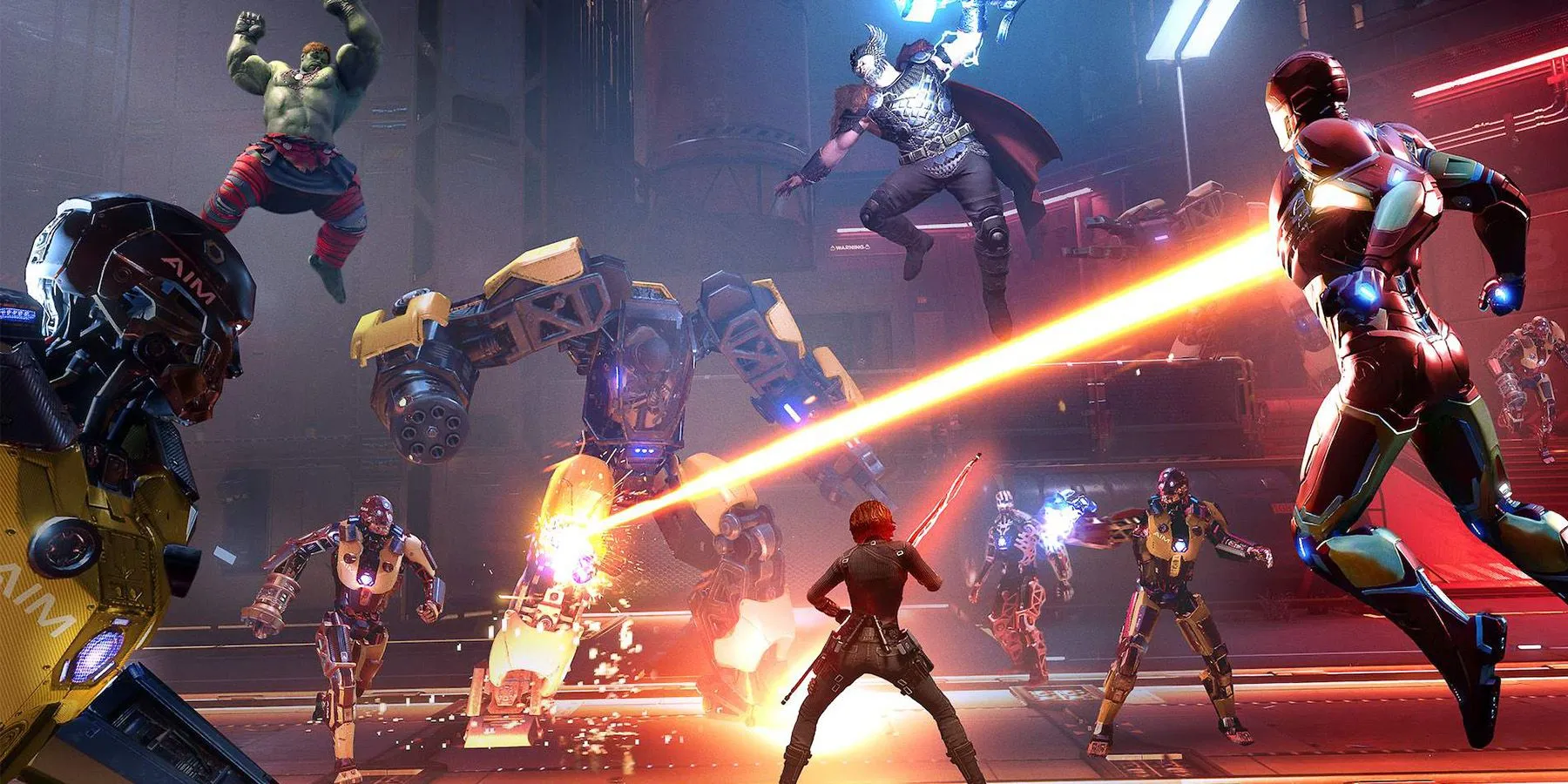 Một cảnh chiến đấu trong Marvel's Avengers, nhiều siêu anh hùng đang cùng nhau đối đầu với kẻ thù.