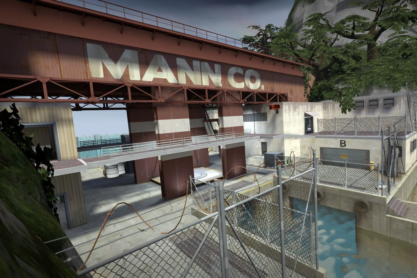 Một cảnh quay từ game Team Fortress 2, cho thấy các nhân vật hoạt hình với phong cách đồ họa hài hước và cuộc chiến đấu đồng đội hỗn loạn.