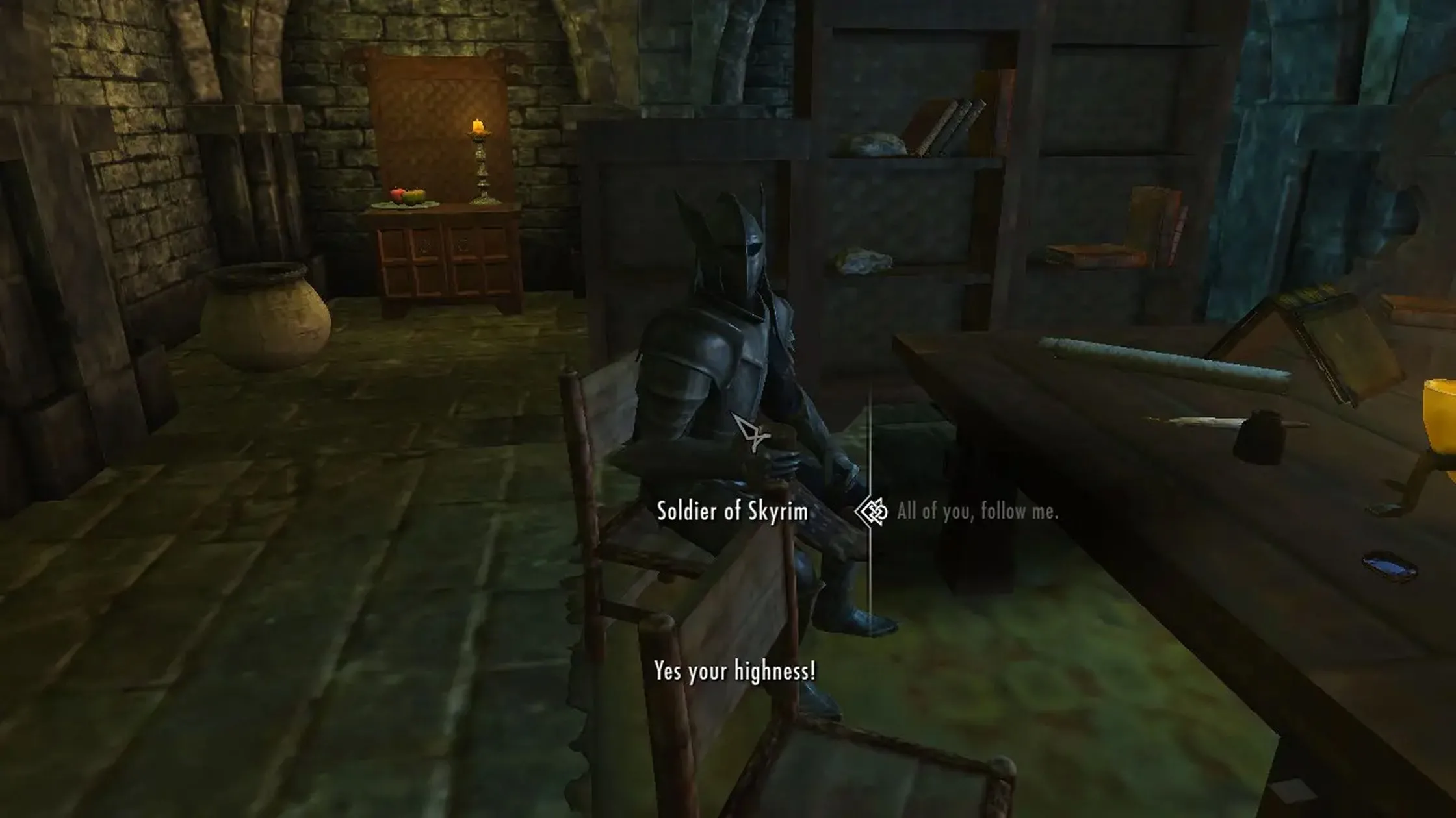 Một cảnh trong game của mod Become High King of Skyrim, hiển thị nhân vật chính ngồi trên ngai vàng của vua