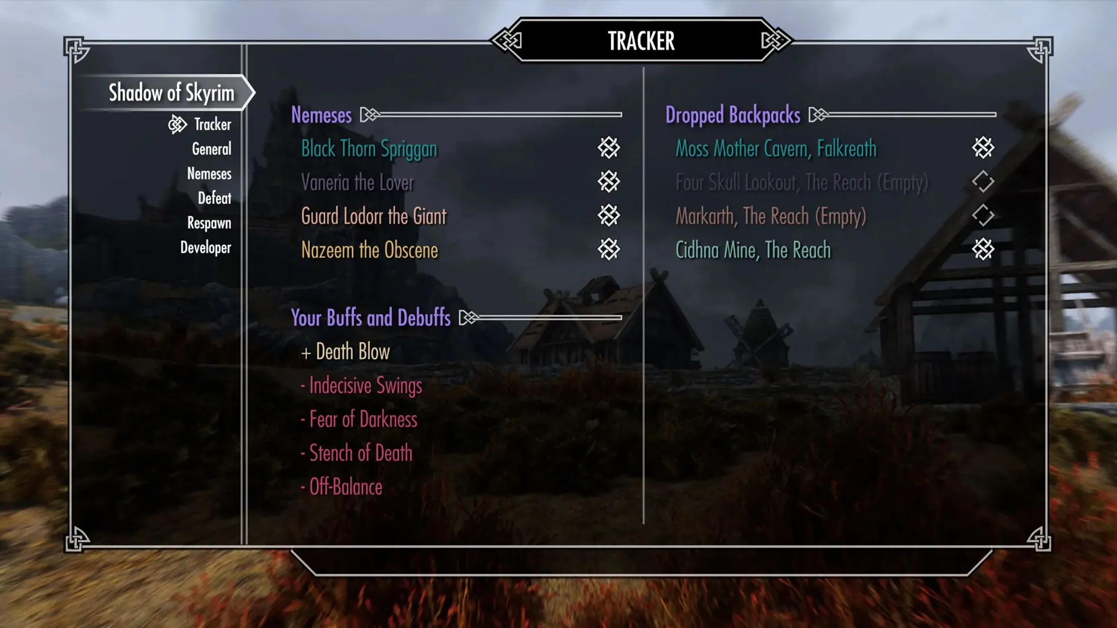Một cảnh trong game của mod Shadow of Skyrim, hiển thị giao diện đối thủ Nemesis