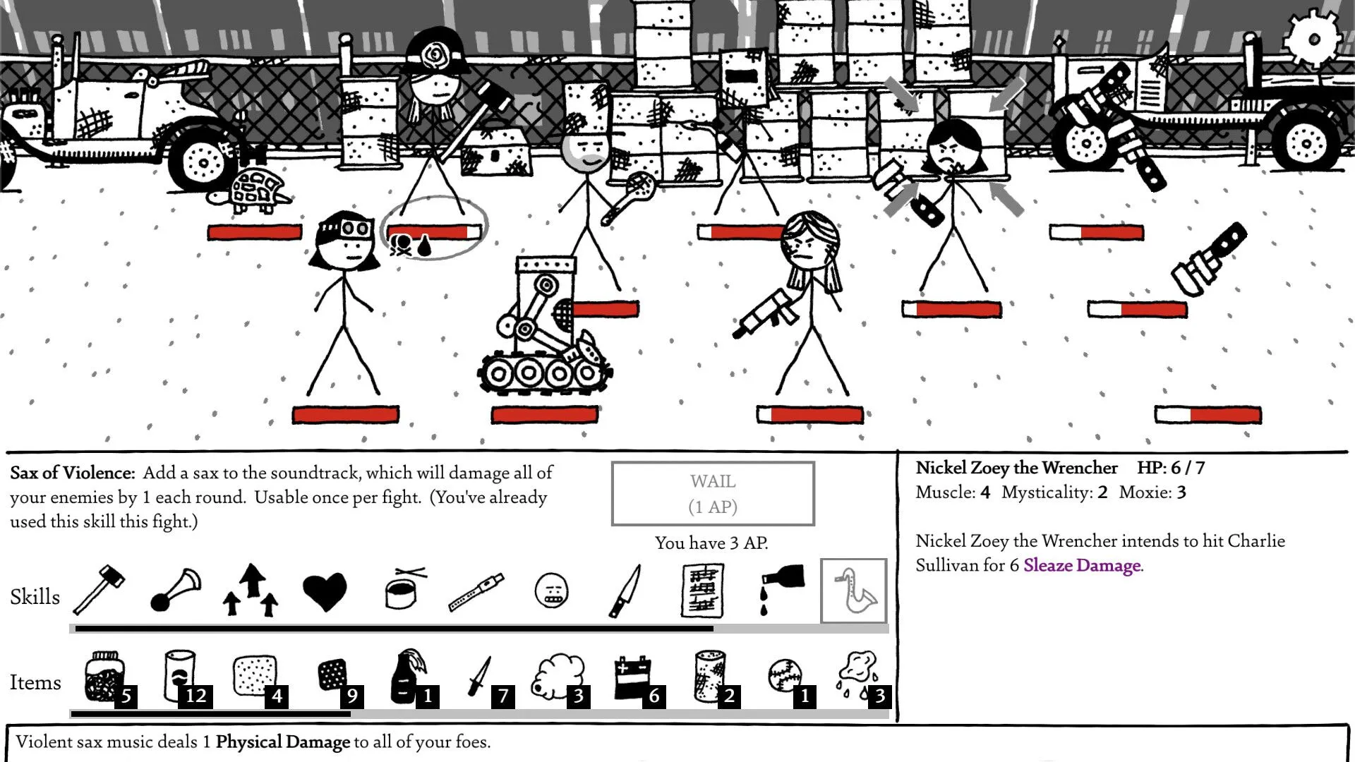 Một cảnh từ gameplay của Shadows Over Loathing, thể hiện sự tối giản và hài hước qua đồ họa người que