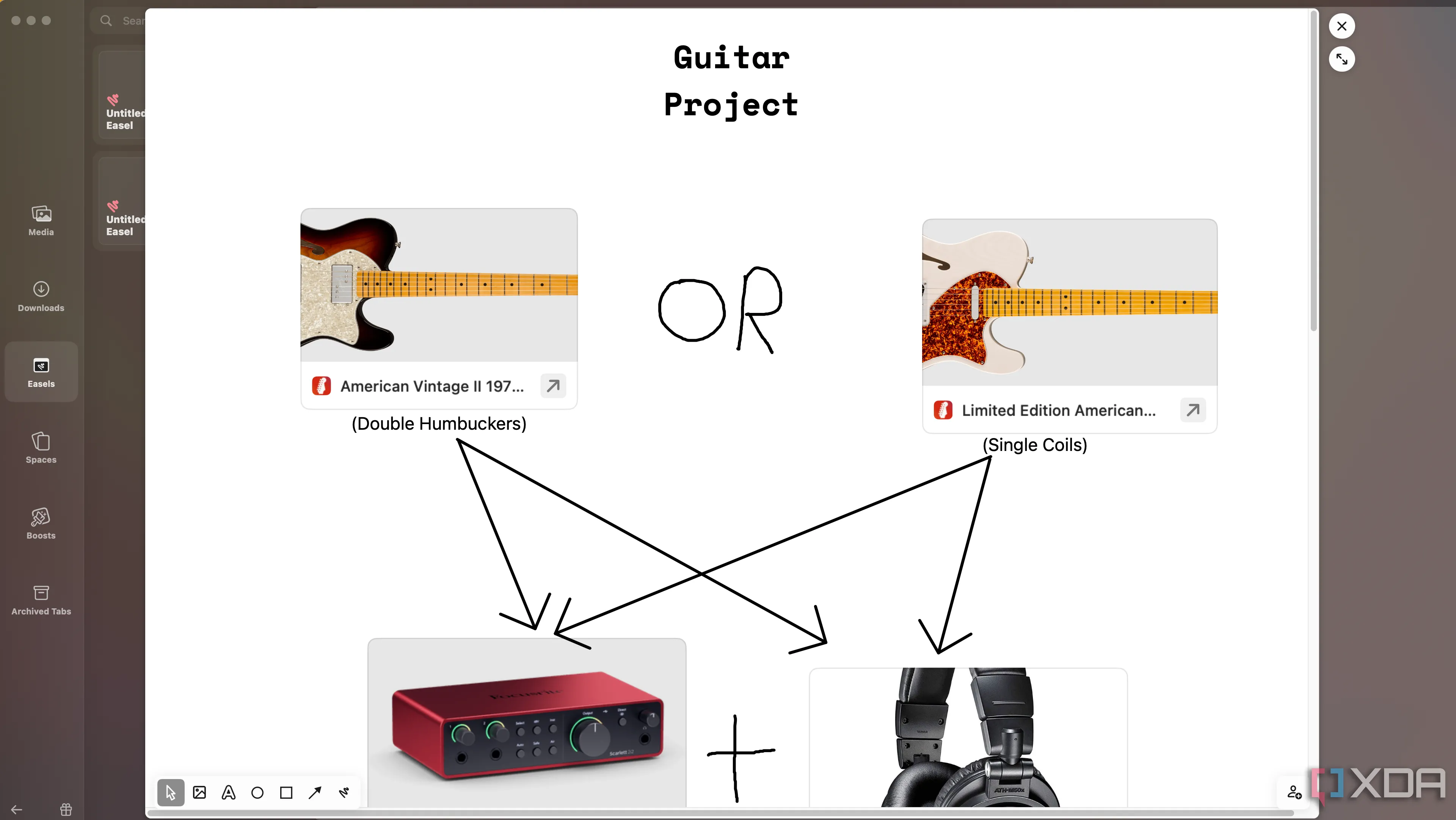 Một Easel đang mở trong Arc Browser với bảng ý tưởng thiết kế đàn guitar, minh họa khả năng thu thập ghi chú và hình ảnh linh hoạt.