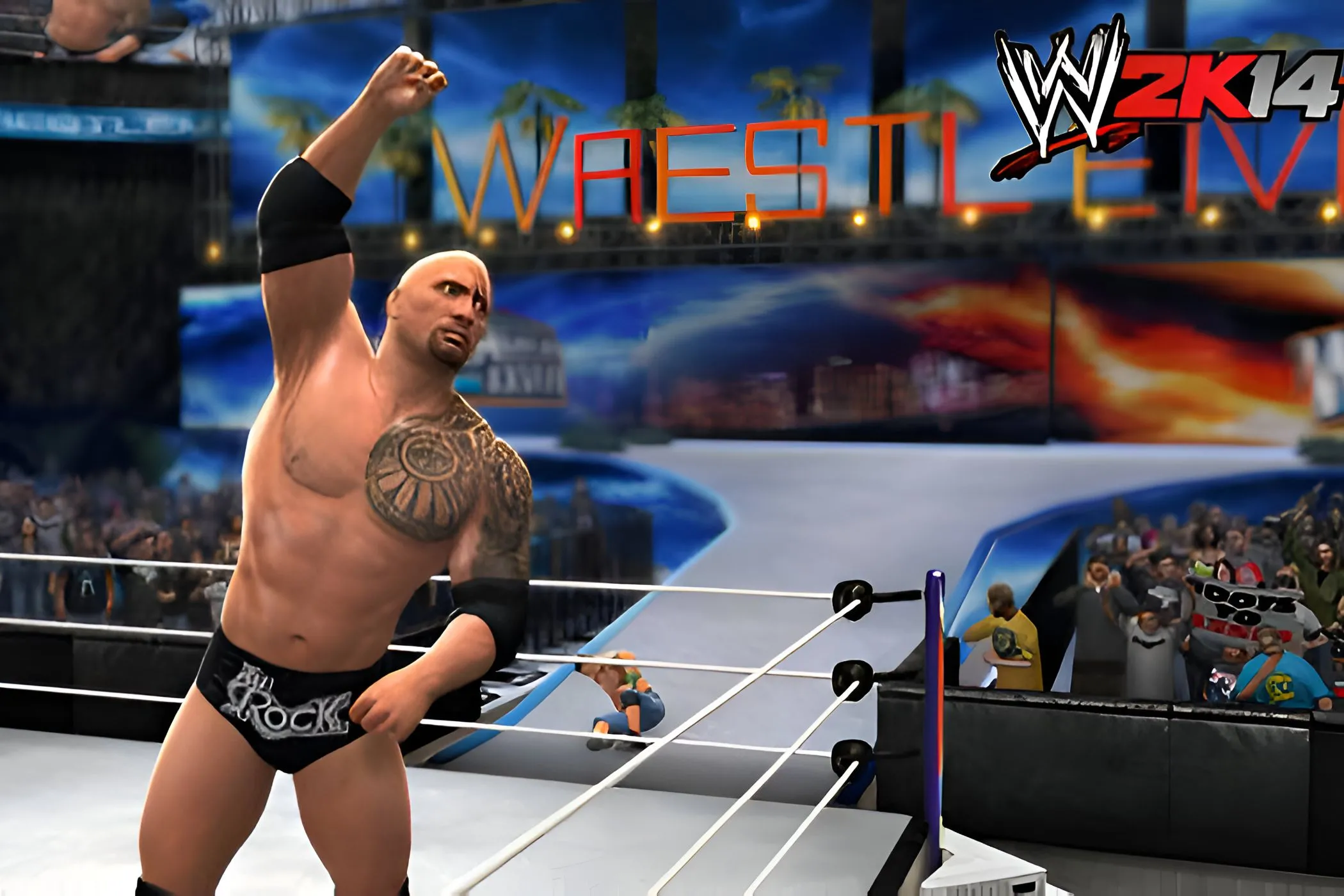 Một hình ảnh từ WWE 2K14, cho thấy The Rock ra hiệu cho khán giả bằng cách giơ cánh tay lên trời.