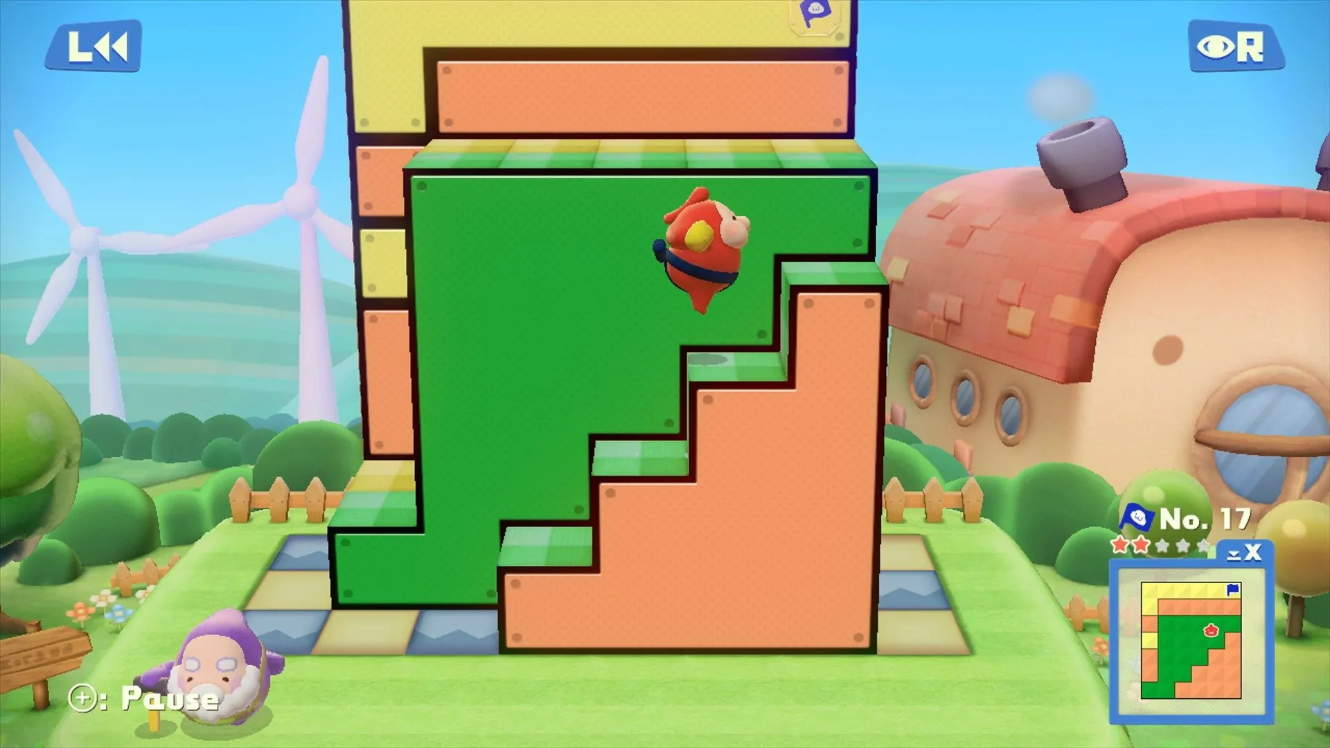 Một màn chơi đầy thử thách trong game giải đố Pushmo World trên Nintendo Wii U, nơi người chơi phải đẩy và kéo các khối hình để leo lên đỉnh.