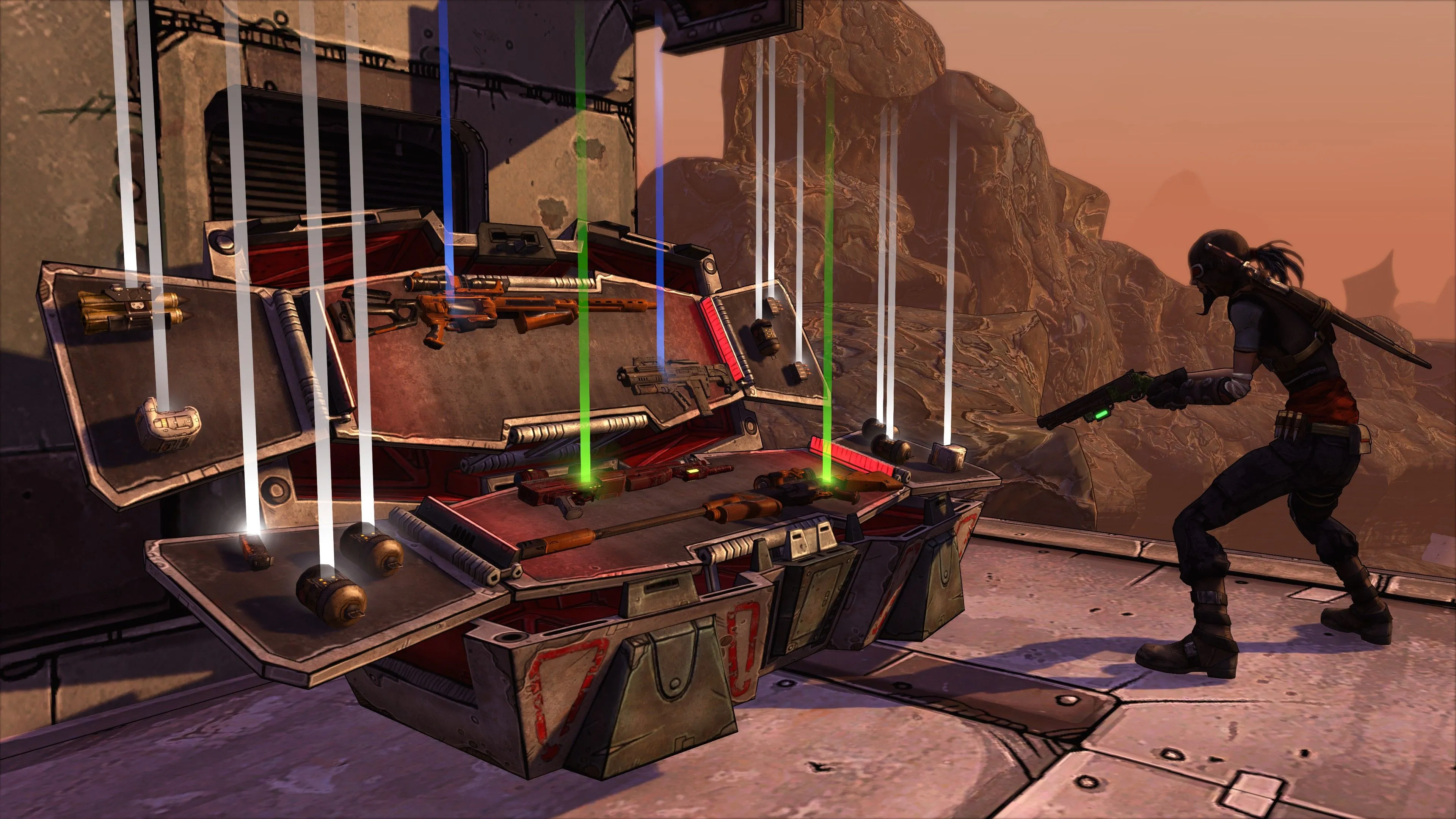 Một thùng đồ mở với vũ khí hiếm trong Borderlands, biểu tượng của lối chơi loot-shooter co-op split-screen.