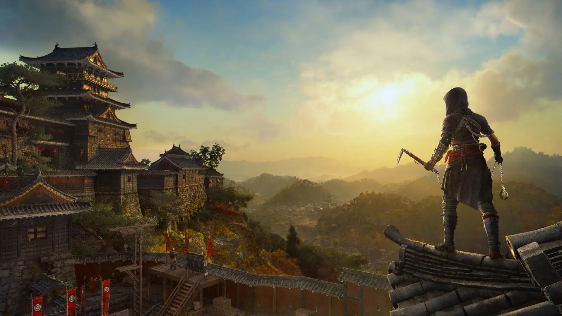 Naoe ẩn mình trong bóng tối, sẵn sàng tấn công trong Assassin's Creed Shadows
