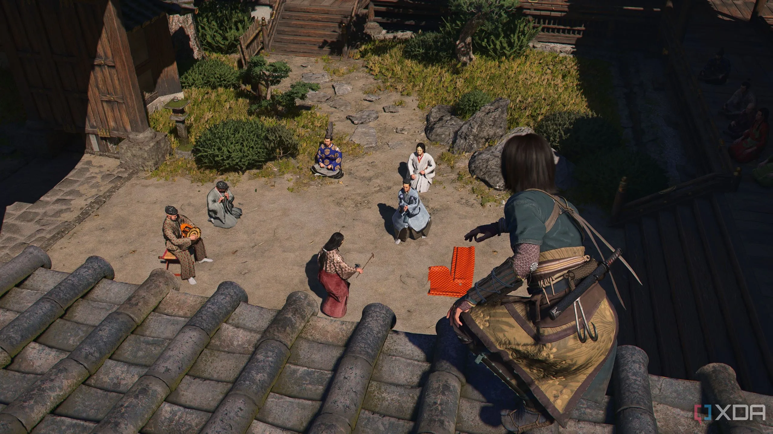 Naoe thực hiện pha parkour trên gờ tường trong Assassin's Creed Shadows