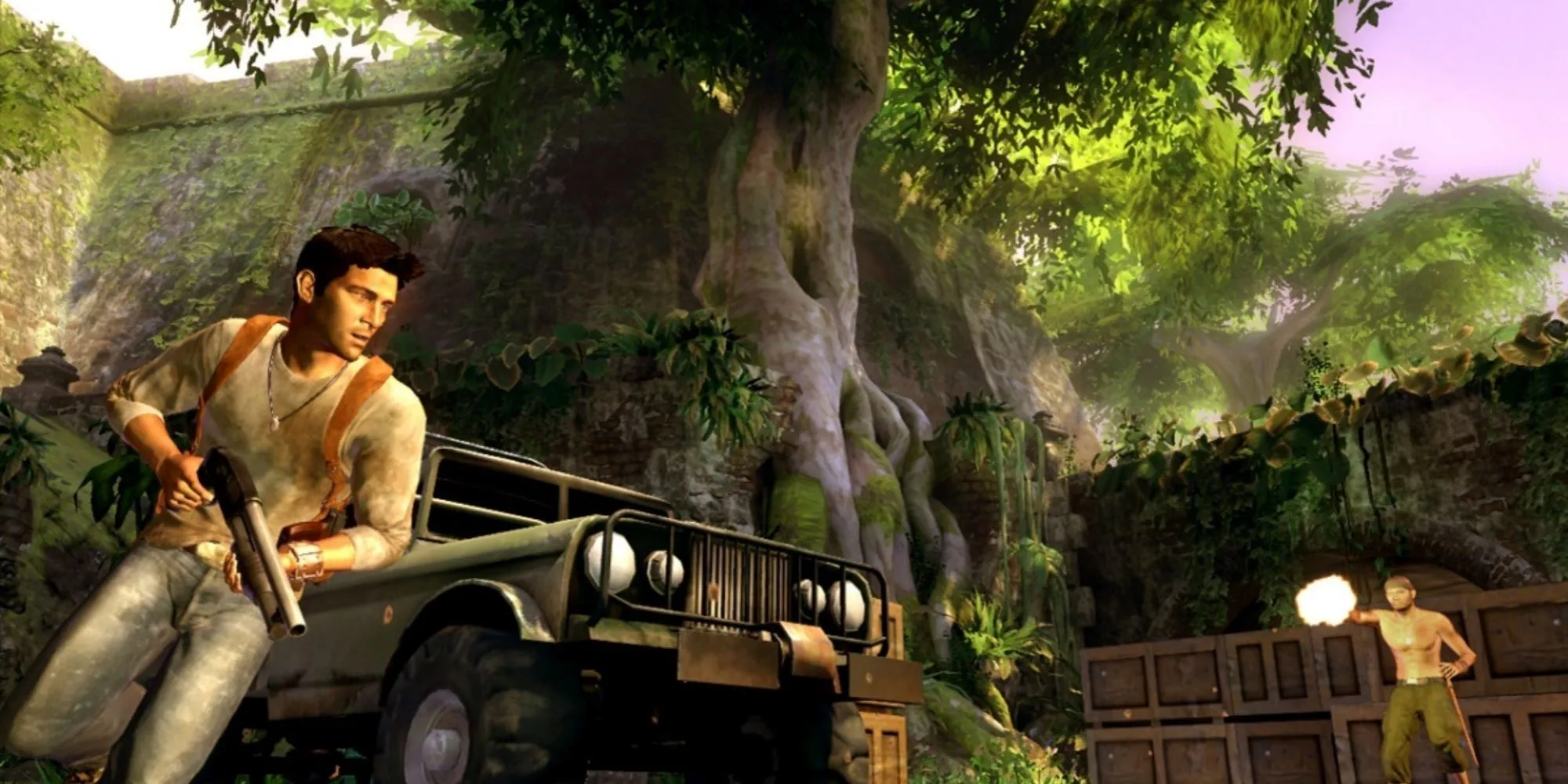 Nathan Drake ẩn nấp sau một chiếc xe jeep trong một pha bắn súng của Uncharted: Drake's Fortune, minh họa cơ chế chiến đấu và môi trường tương tác của game.