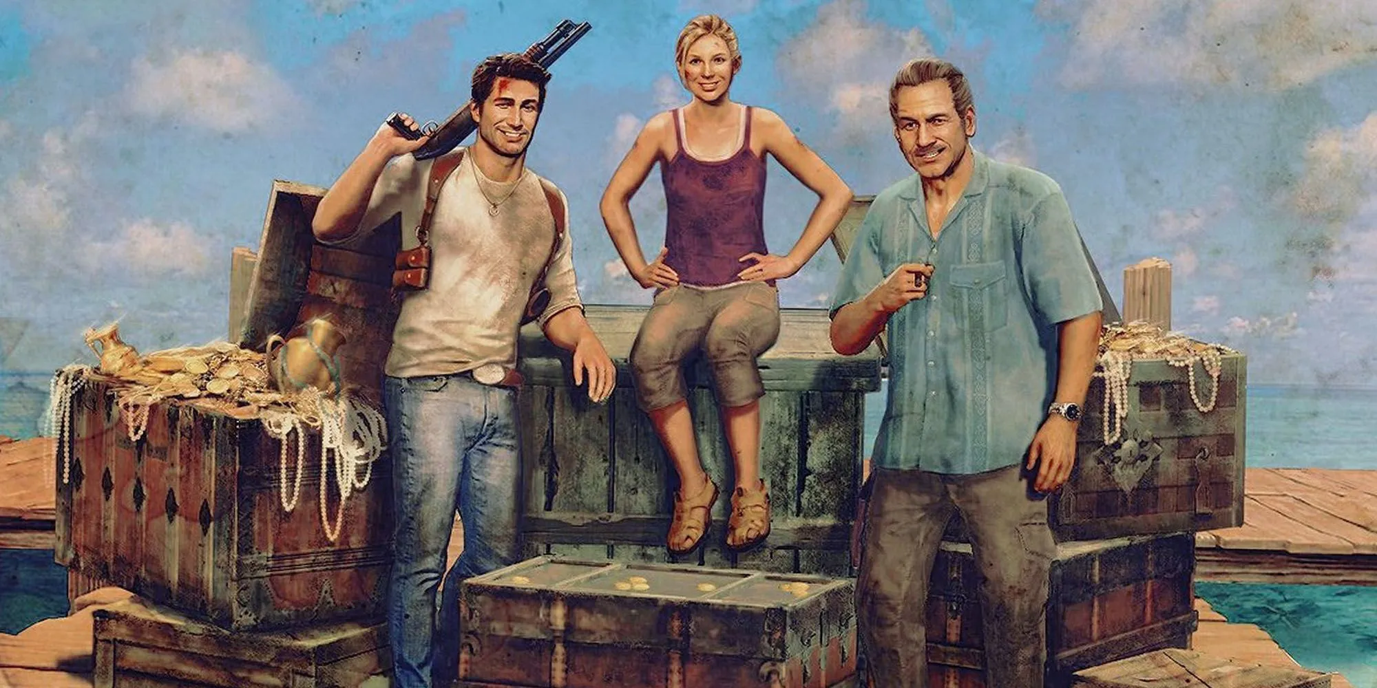 Nathan Drake, Elena Fisher và Victor Sullivan cùng nhau trong một cảnh của Uncharted: Drake's Fortune, thể hiện mối quan hệ giữa các nhân vật chính.