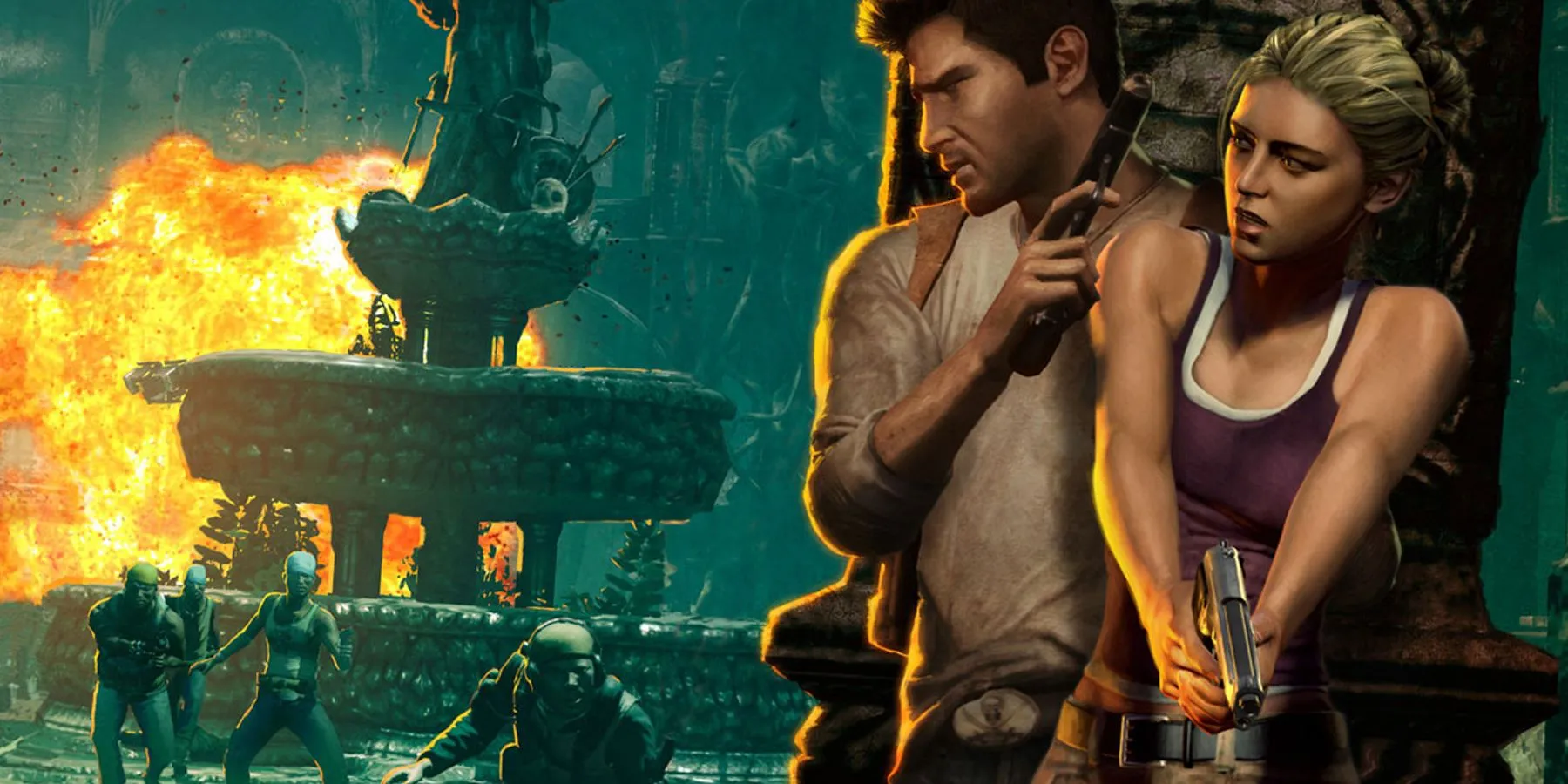 Nathan Drake trong phân cảnh hành động kịch tính của Uncharted: Drake's Fortune, tựa game phiêu lưu hành động ra mắt năm 2007 trên PlayStation 3.