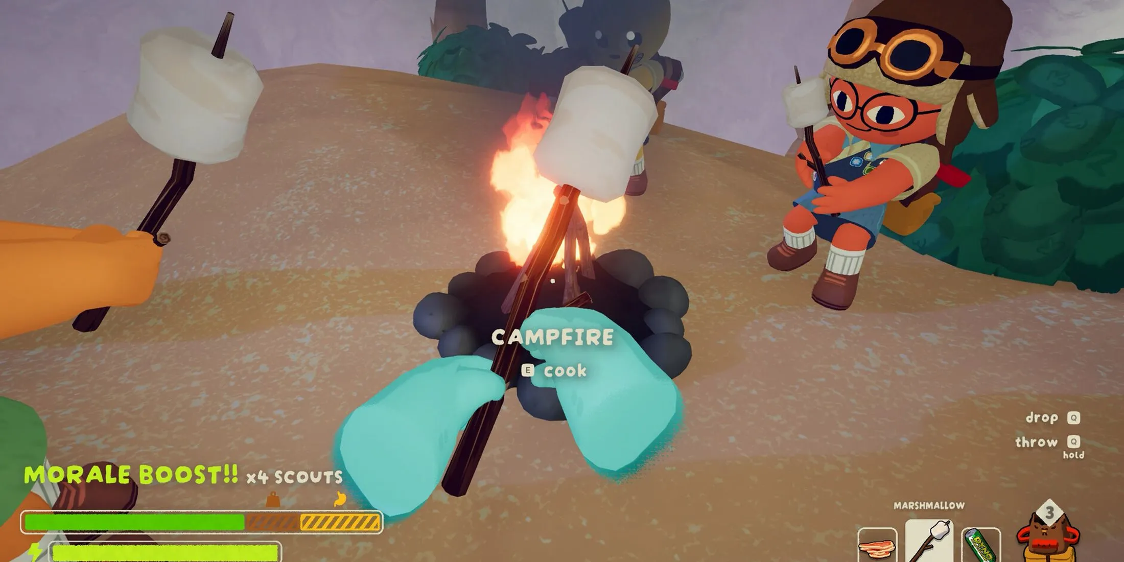 Người chơi nghỉ ngơi bên lửa trại trong game Peak, chuẩn bị cho chặng đường leo núi tiếp theo.