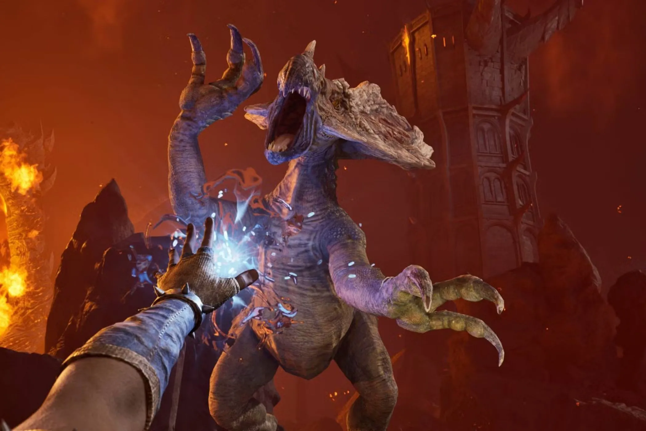 Người chơi Oblivion Remastered sử dụng phép thuật tấn công quái vật