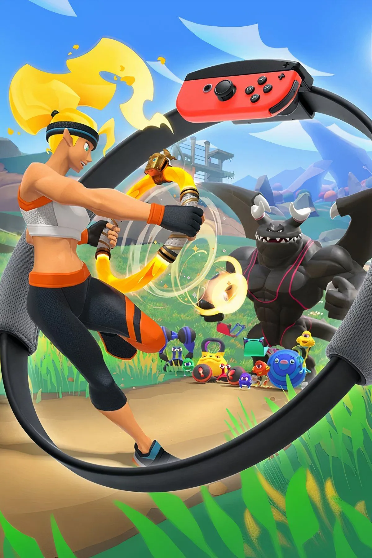 Người chơi sử dụng vòng Ring-Con và dây đeo chân trong game Ring Fit Adventure trên Nintendo Switch, biến việc tập luyện thành phiêu lưu.