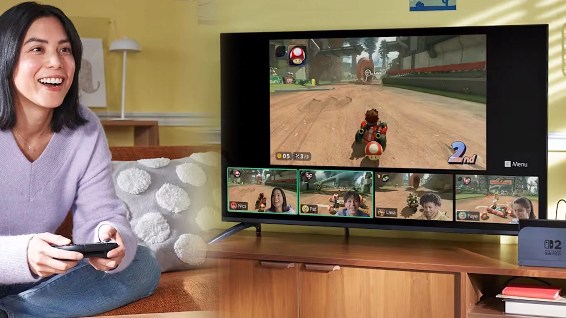 Người chơi trải nghiệm game Mario Kart World trên console Nintendo Switch 2, thể hiện trải nghiệm người dùng