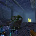 Người chơi Turok: Dinosaur Hunter chiến đấu với quái vật đột biến trong hành lang đá, thể hiện lối chơi FPS cổ điển
