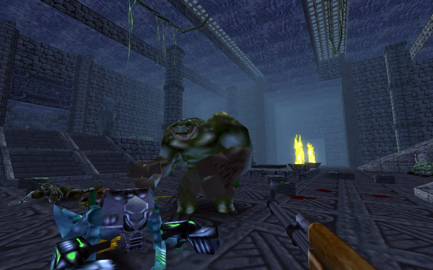 Người chơi Turok: Dinosaur Hunter chiến đấu với quái vật đột biến trong hành lang đá, thể hiện lối chơi FPS cổ điển