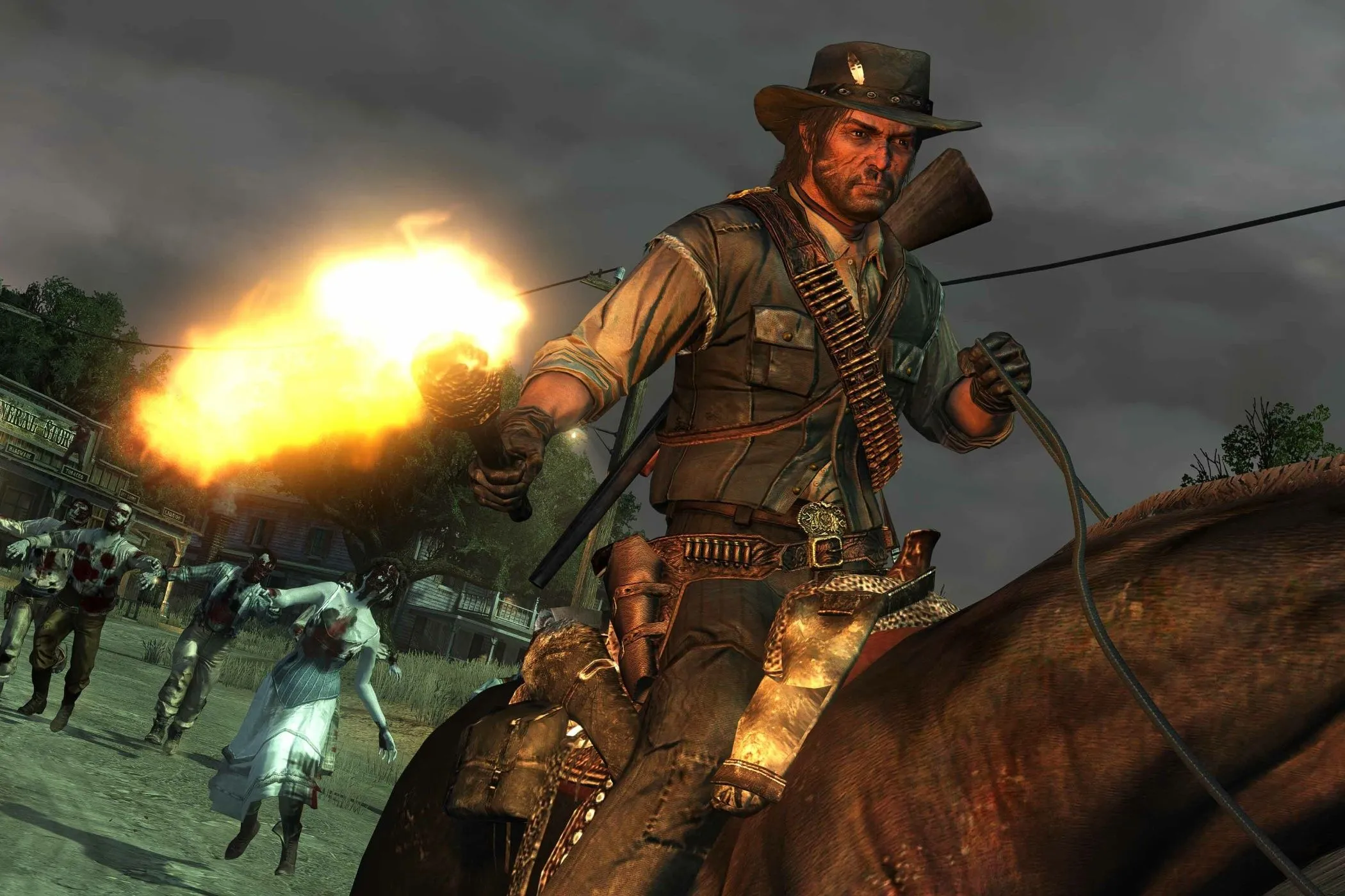 Người đàn ông cưỡi ngựa cầm đuốc chạy trốn zombie trong Red Dead Redemption Undead Nightmare đang ưu đãi Steam