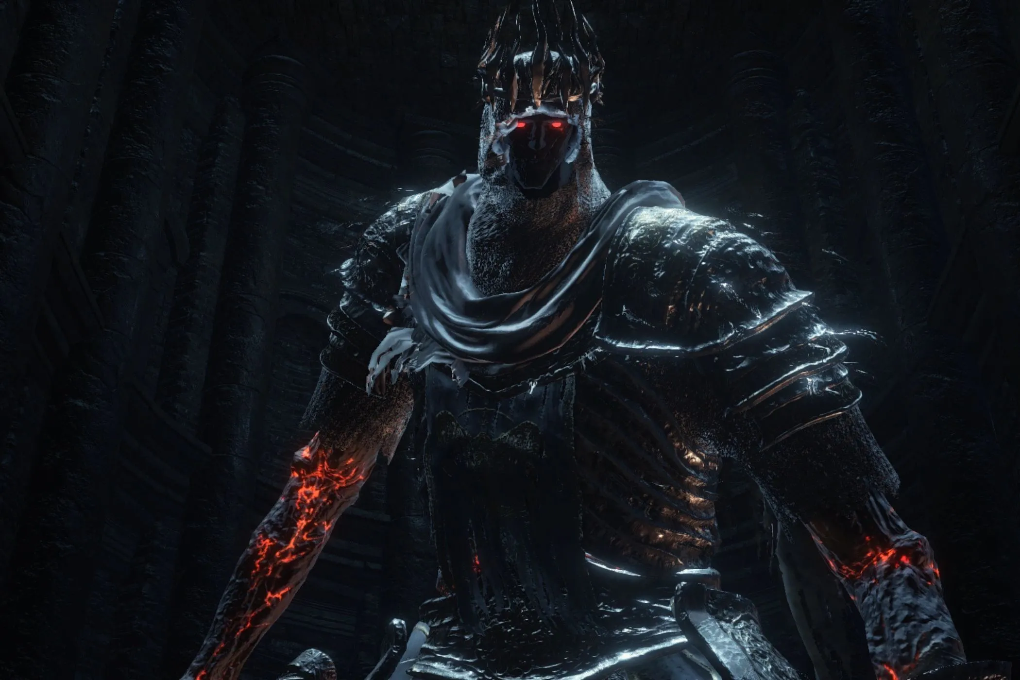Người khổng lồ Yhorm đứng trong một công trình đổ nát trong Dark Souls 3
