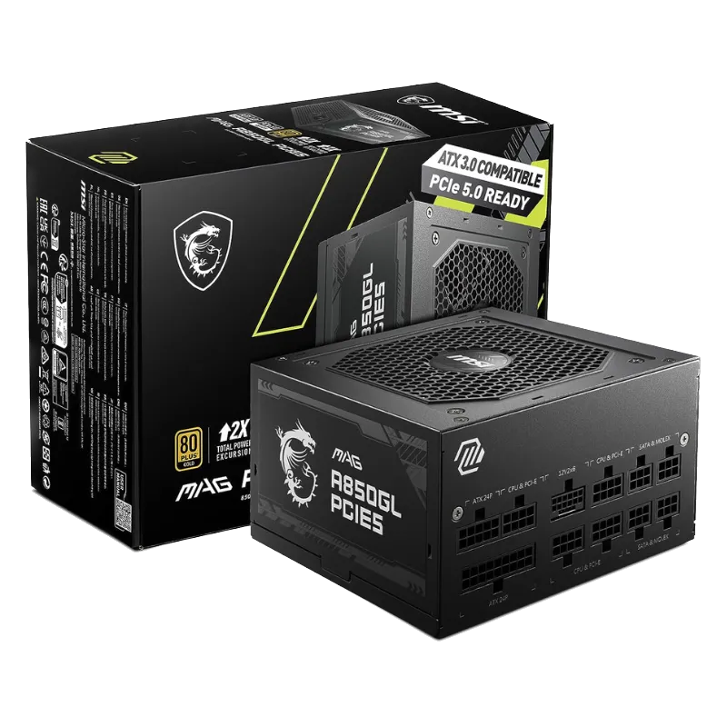 Nguồn máy tính MSI MAG A850GL 850W, chuẩn 80 Plus Gold, lý tưởng cho PC gaming tầm trung và cao cấp.
