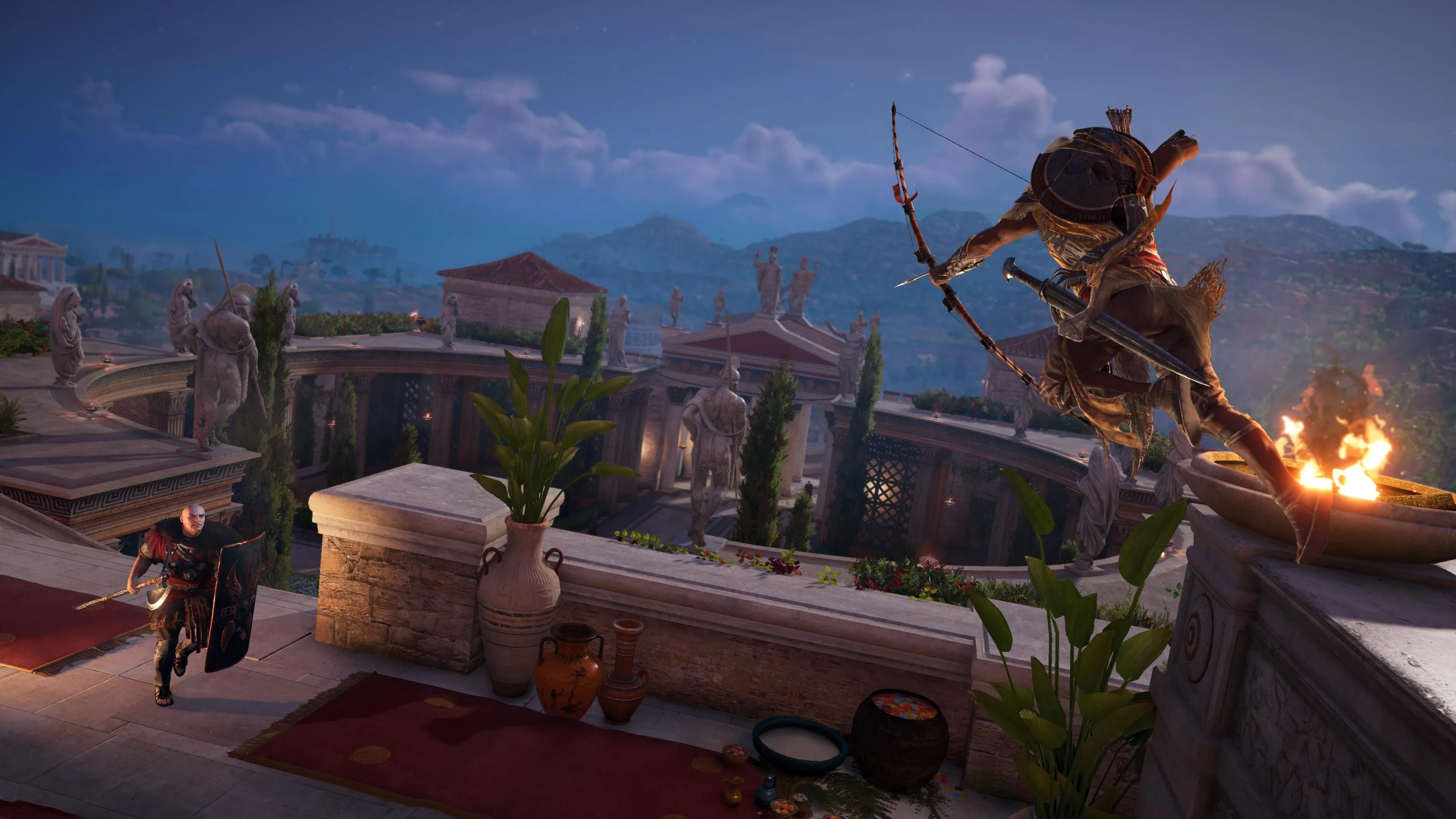 Nhân vật Bayek dùng cung tên tấn công kẻ địch từ trên cao trong Assassin's Creed Origins Legendary Edition