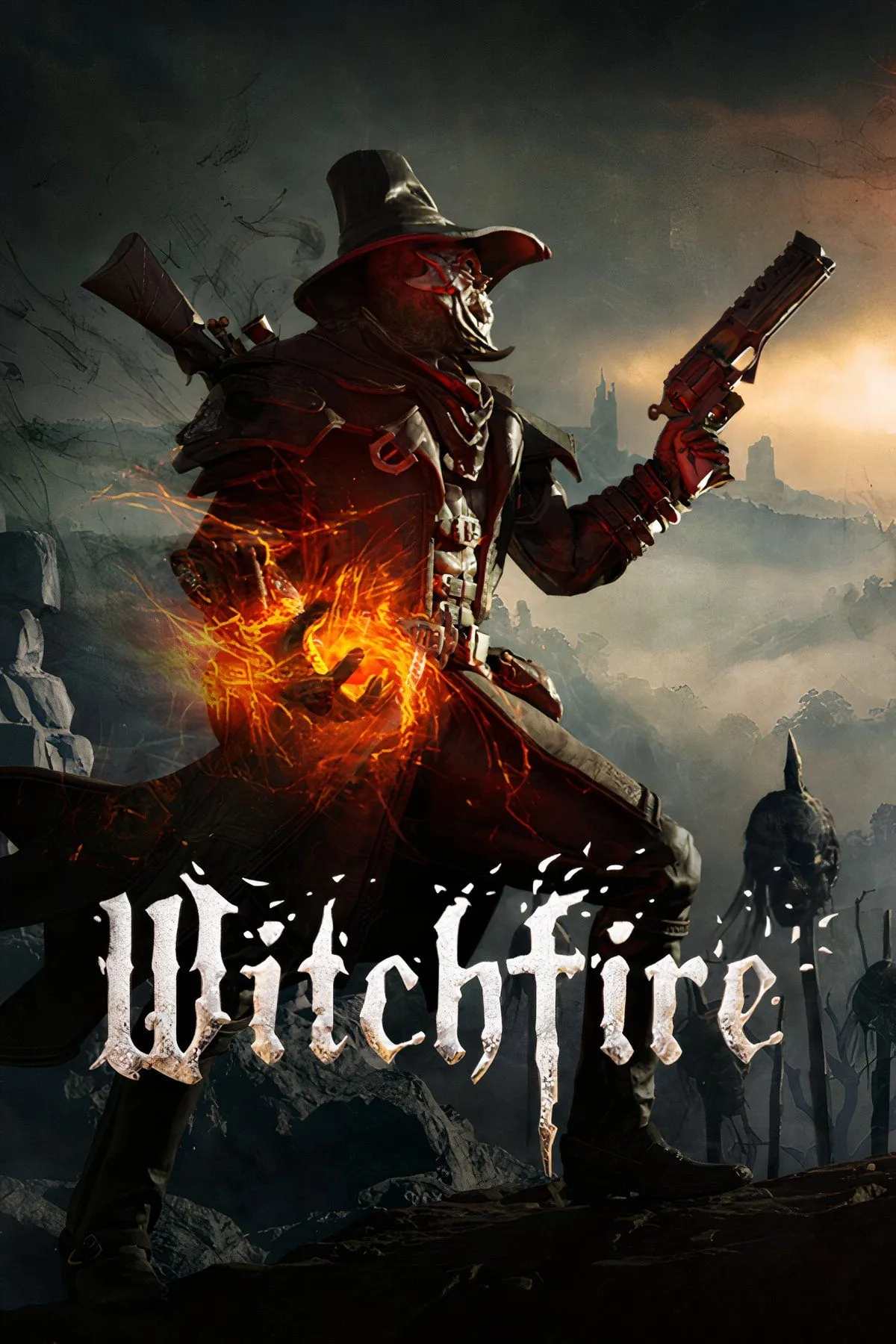 Nhân vật cầm súng và dùng phép thuật trong Witchfire, thể hiện đồ họa chất lượng cao và lối chơi bắn súng góc nhìn thứ nhất trong bối cảnh giả tưởng u tối.