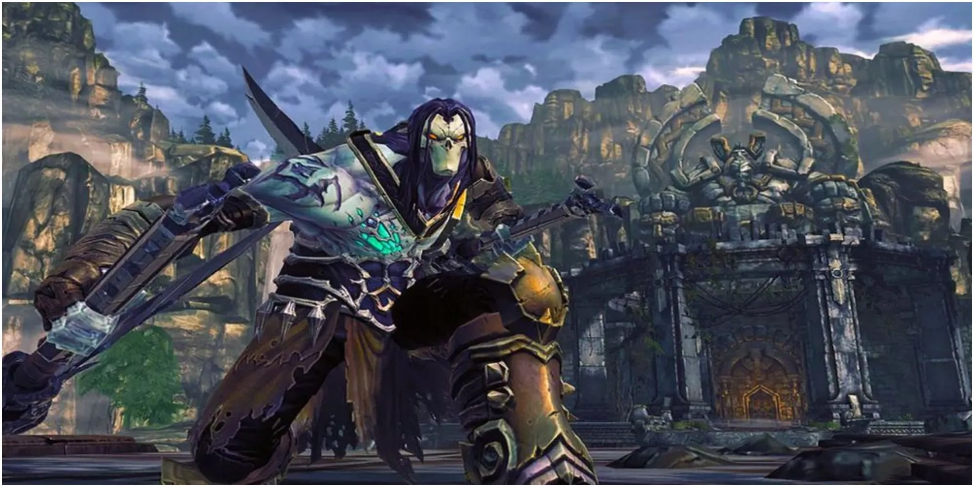 Nhân vật Death trong bộ giáp cưỡi ngựa giữa cảnh quan Darksiders II