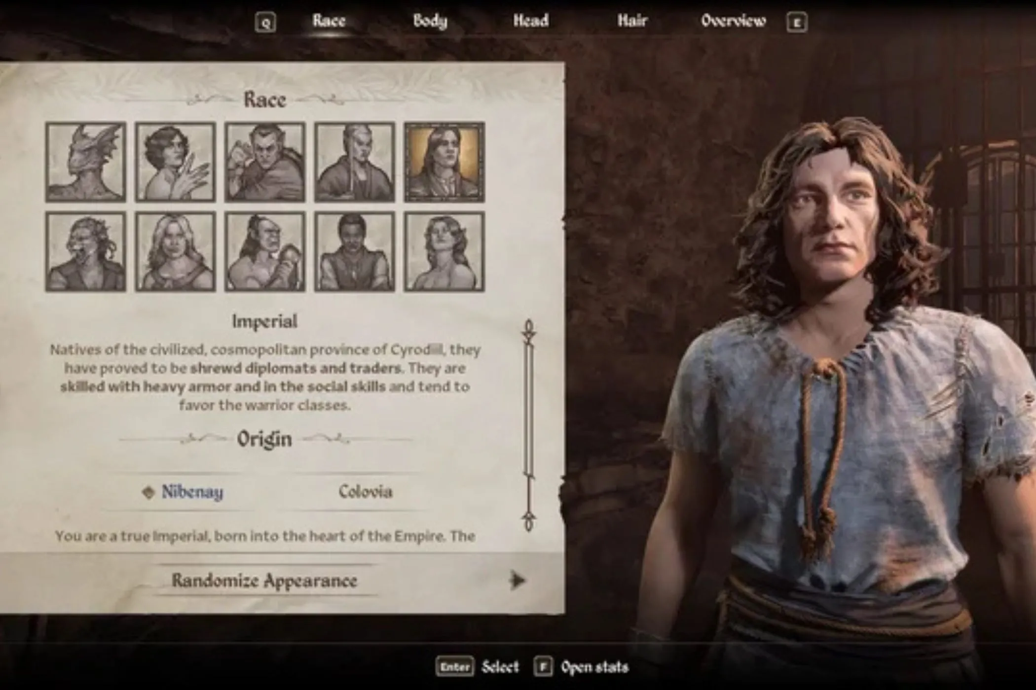 Nhân vật Imperial trong màn hình tạo nhân vật của Oblivion Remastered