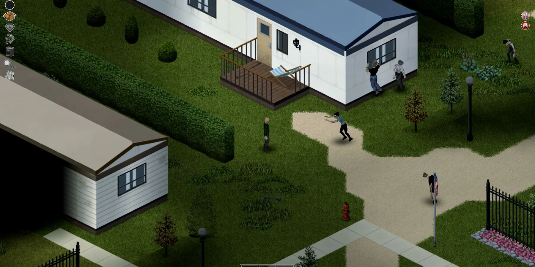 Nhân vật khám phá khu cắm trại và đối mặt với zombie trong Project Zomboid