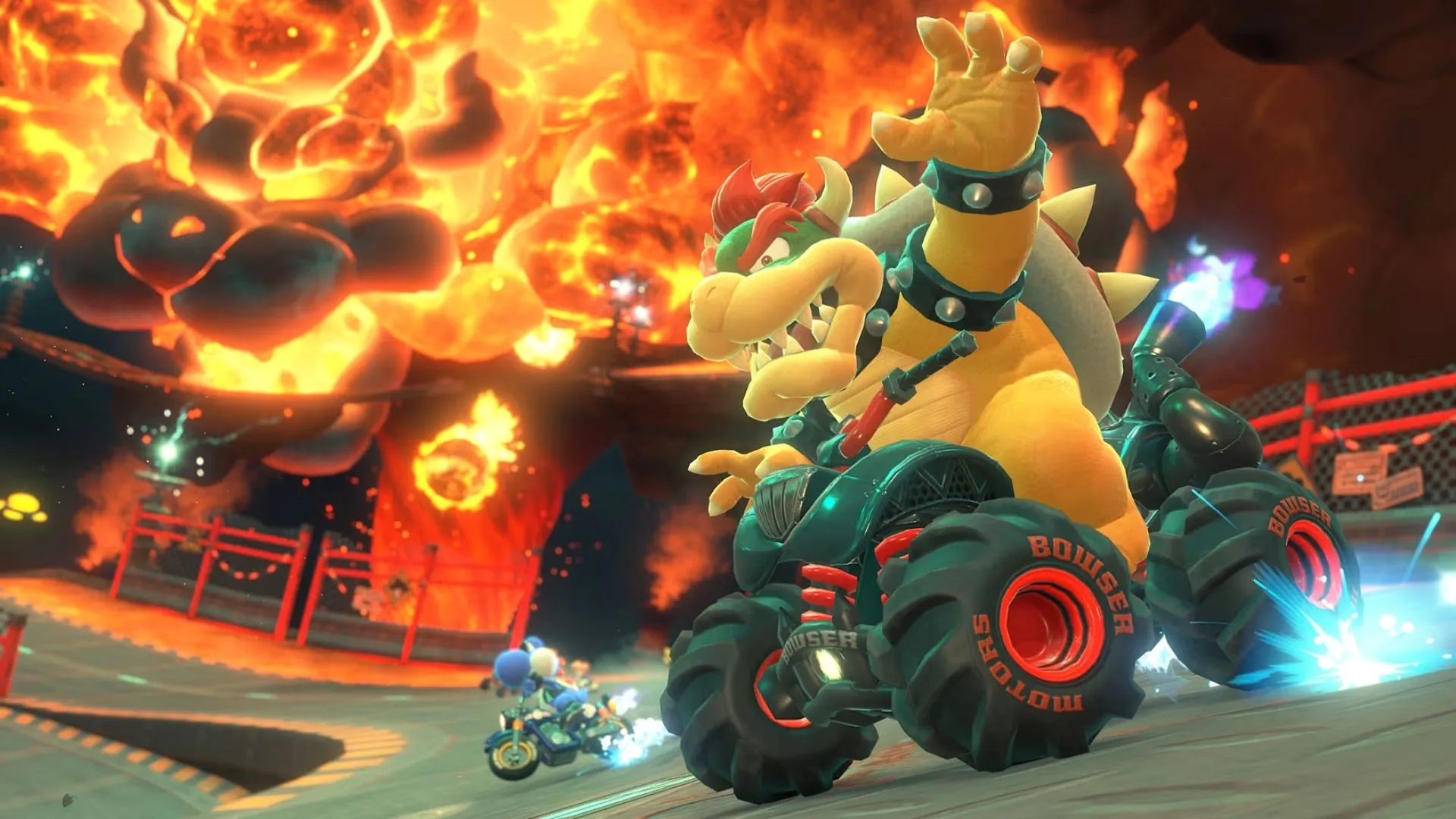 Nhân vật Mario đua trên đường đua mới của Mario Kart World nhìn ra cảnh thành phố